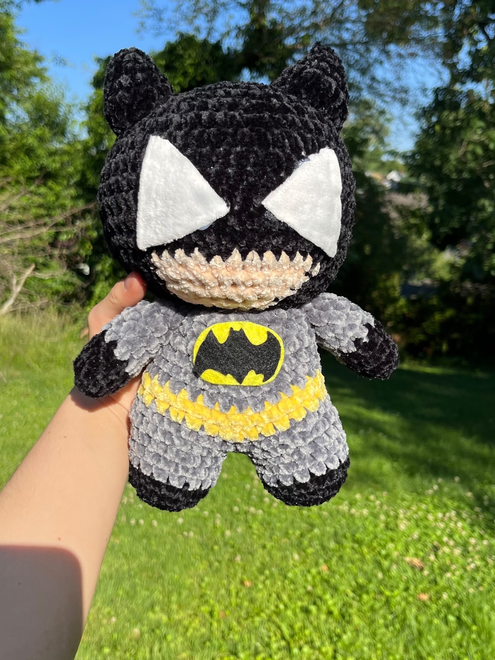 Plush Superhero Bat Stuffed Toy - Black & Gray with Yellow Logo